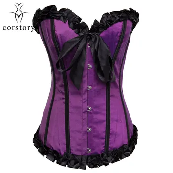 

Corstory Hight Quality Purple Satin Sexy Bows Overbust Corsets And Bustiers Waist Trainer Plus Size S-6XL Gothic Corset