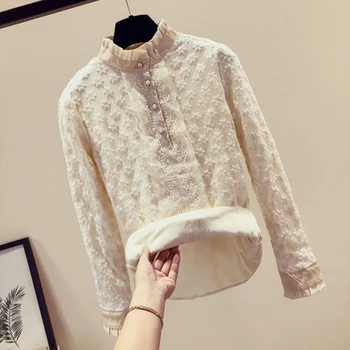 

With Velvet Inside Lace Shirt Inside Velvet Shirt Women Hot Sale Women Long Sleeve Shirts Casual Black Blouse Lolita Blouse