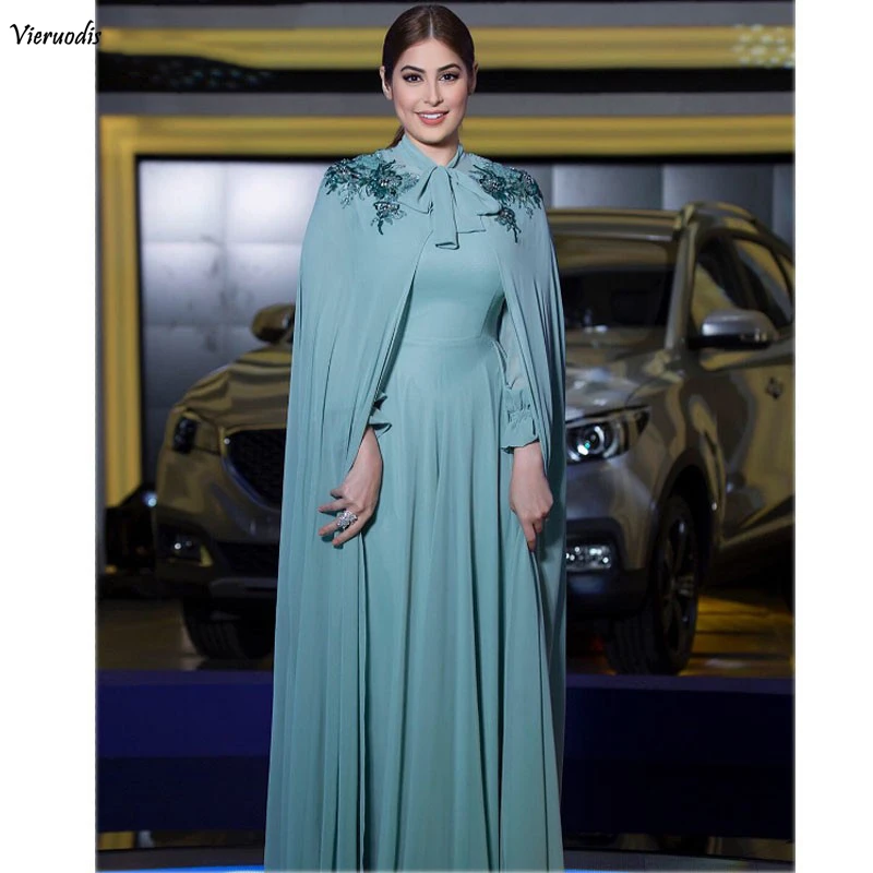 119-1     Saudi Arabic Mislim Chiffon Evening Dresses with Cape Party Elegant for Women Dubai Caftan Zipper Long Sleeves Formal Gowns 2019
