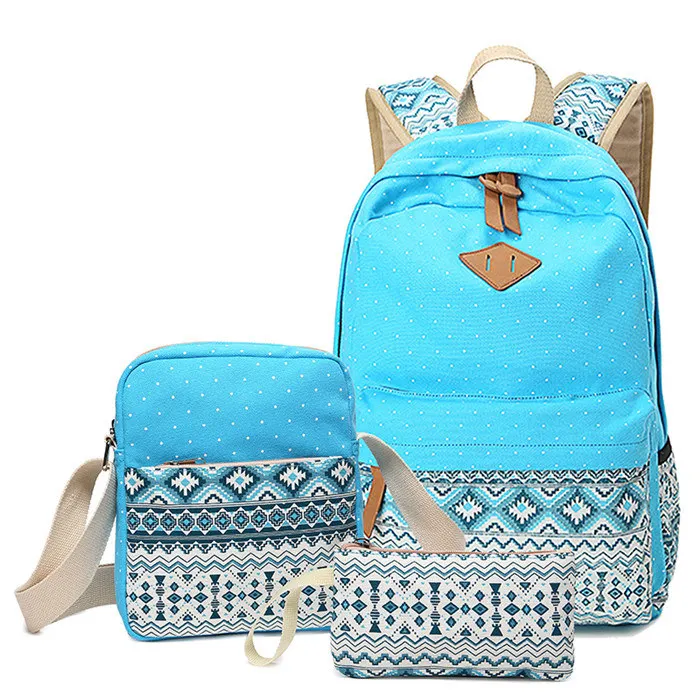 Брендовый женский рюкзак, сумки для женщин, в горошек, с принтом, Холщовый Рюкзак, наборы, винтажный, средний, школьный, женский - Цвет: Set Sky blue