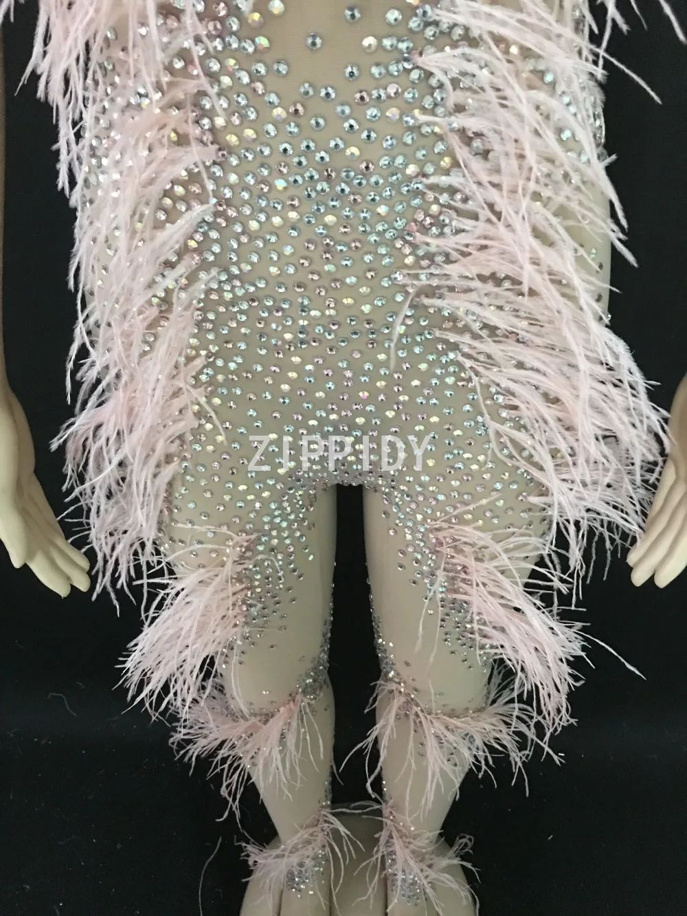 Дизайн сексуальные камни Розовый перо прозрачный комбинезон день рождения, празднование наряд Женская певица танцор модные сетчатые леггинсы