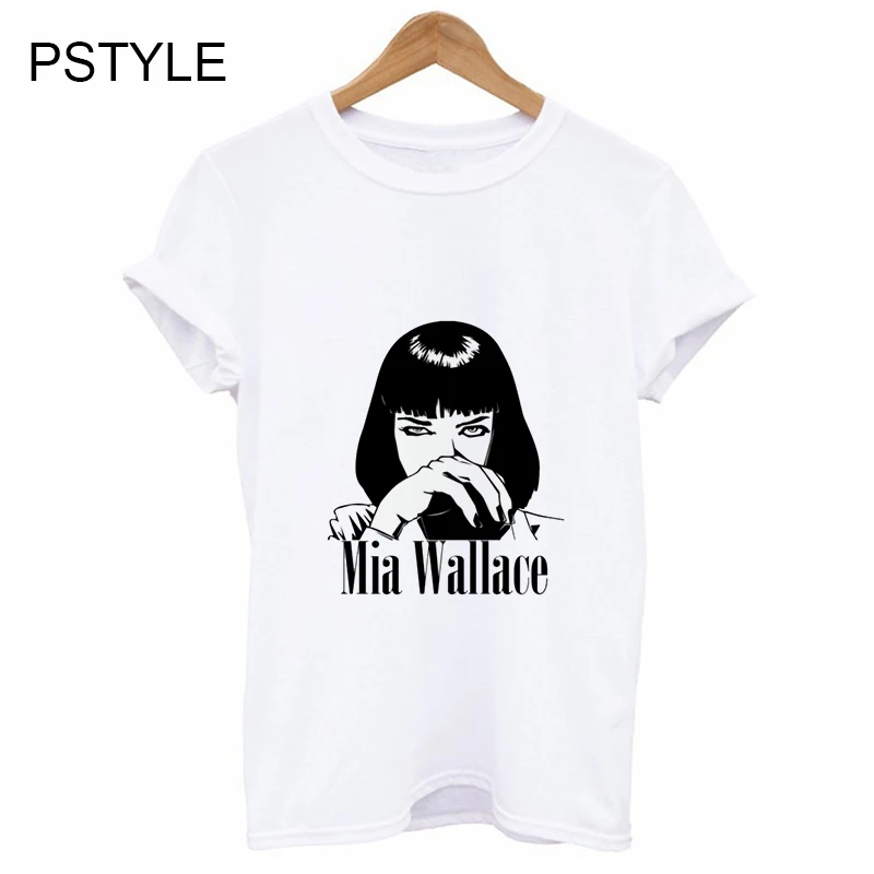 

Vintage Womens T shirt Cool Mia wallace Girl Print White T-shirt Summer Short Sleeve Hipster Tumblr Femme Graphic Tees Tops