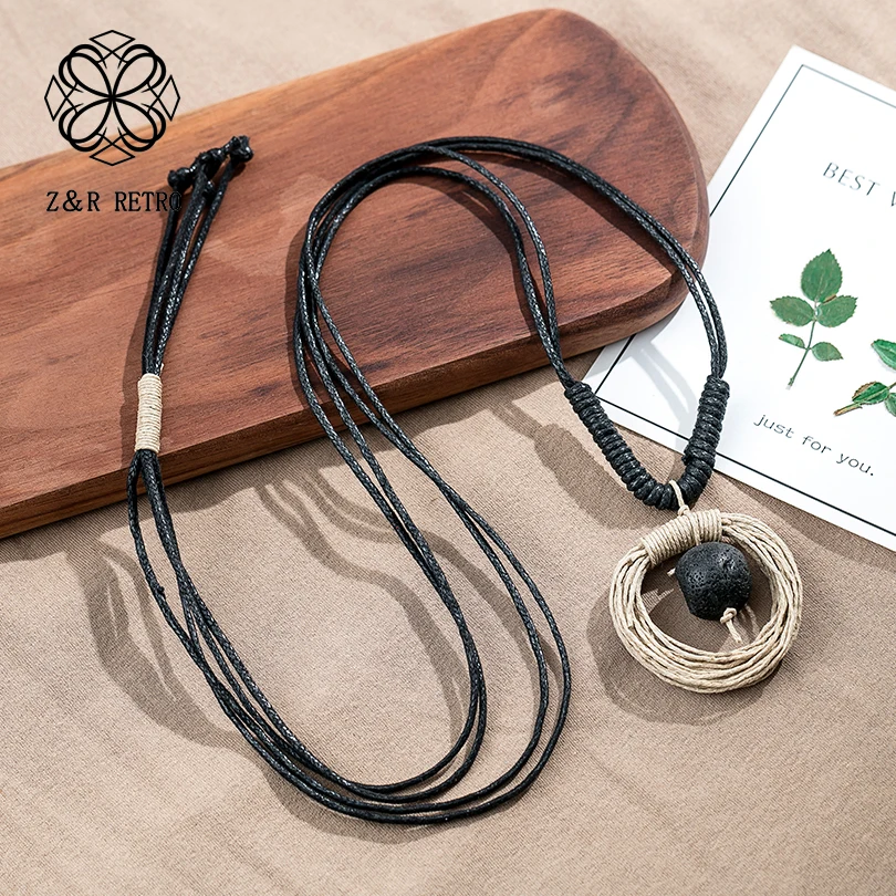 

Volcanic Stone Statement Women Pendant&Necklaces Wooden Handmade Fashion Jewelry Pendant Necklace Vintage Sweater Rope Chain