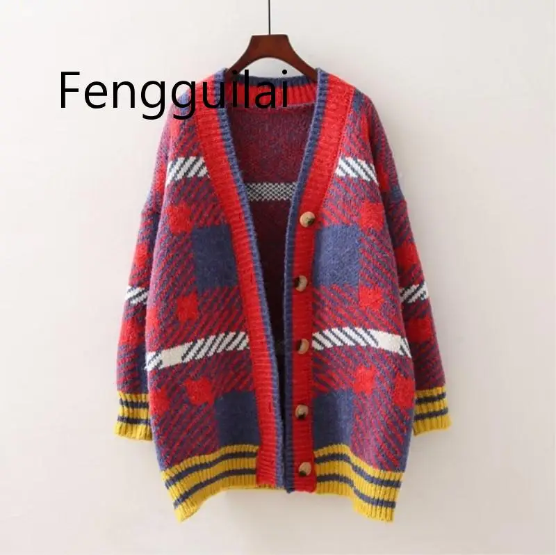 

Winter Autumn Sweater Loose Korean Medium Length Long Sleeve V Collar Knitted Stripe Sweater Cardigans Women Jumper Pull Femme