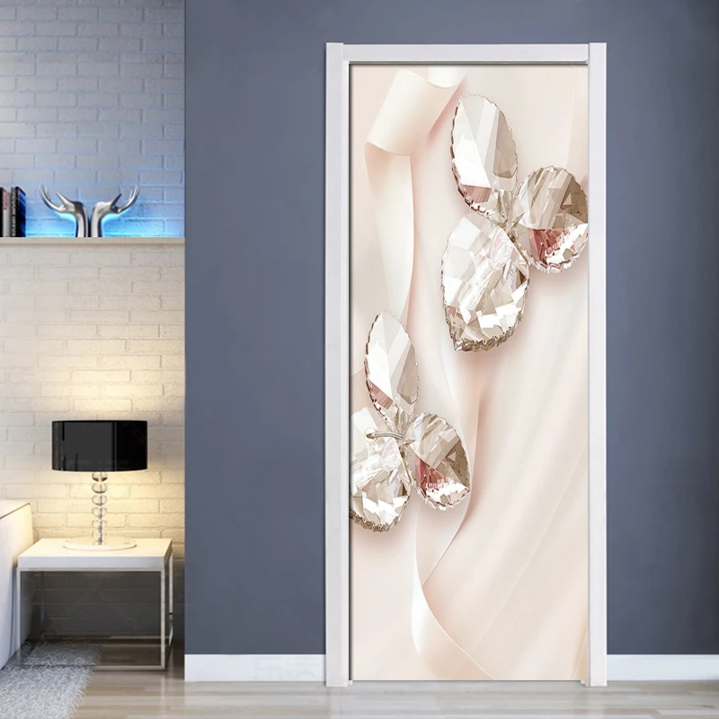 

Pink Ribbon Crystal Swan Jewelry Leaves 3D Photo Wallpaper Home Decor Modern Living Room Bedroom Door Sticker PVC Mural Sticker