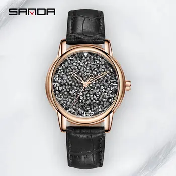 

2020 Fashion Crystal Shiny Dial Ladies Watch Luxury Casual Band Rose Gold Case Leather Strap Women Watch Reloj Mujer