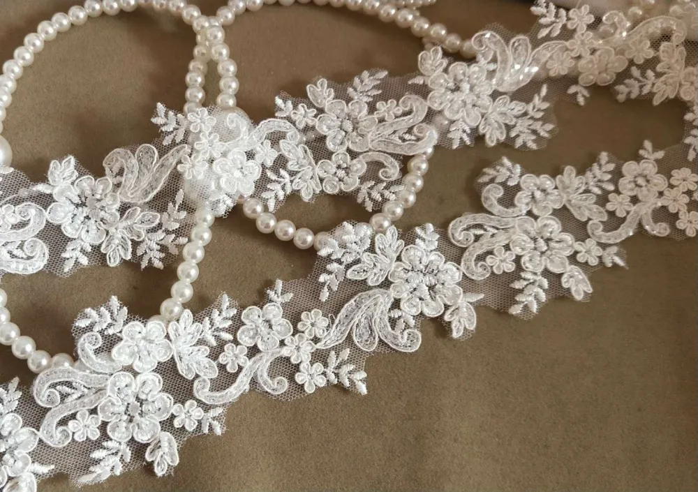 

Ivory Pearl Beaded Alencon Lace Trim Sequined Aulic Retro Embroidered Lace 1.96" Wide Bridal Veil Dress Supplies 1 Yard