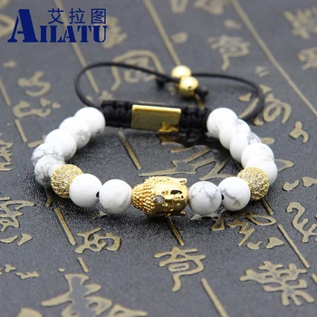 

Ailatu Religious Jewelry Wholesale 10pcs/lot 8mm White Howlite Marble Stone with Clear Cz Beads Big Buddha Head Bracelets