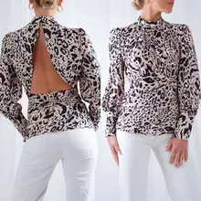 2019 New Fashion Women Summer Leopard Print Long Sleeve Turtleneck Backless Blouses Casual Loose Blouses