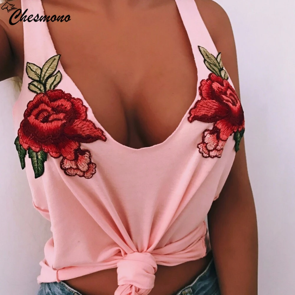 

Fashion Sexy Black Tank Top Women cotton Floral patch in Embroidery vest Deep V Neck Sleeveless Tops summer Beachwear Tops white