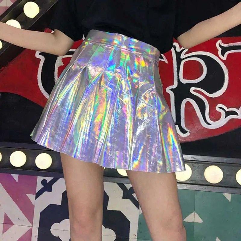 

Women Fashion Harajuku Pleated Skirt Tutu PU Leather Short Holographic Skirt Streetwear Sexy High Waist Mini Skirt for Girls