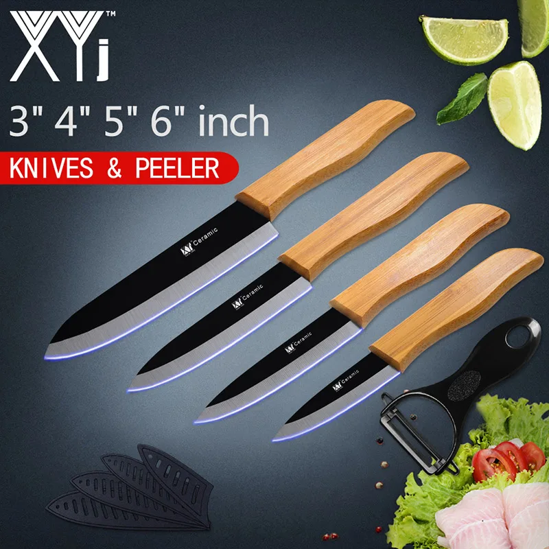 XYj Керамические ножи Керамические наборы кухонных ножей черное лезвие бамбуковая ручка 5 шт. наборы 3 4 5 6 дюймов кухонный нож с Овощечистка - Цвет: Type 1