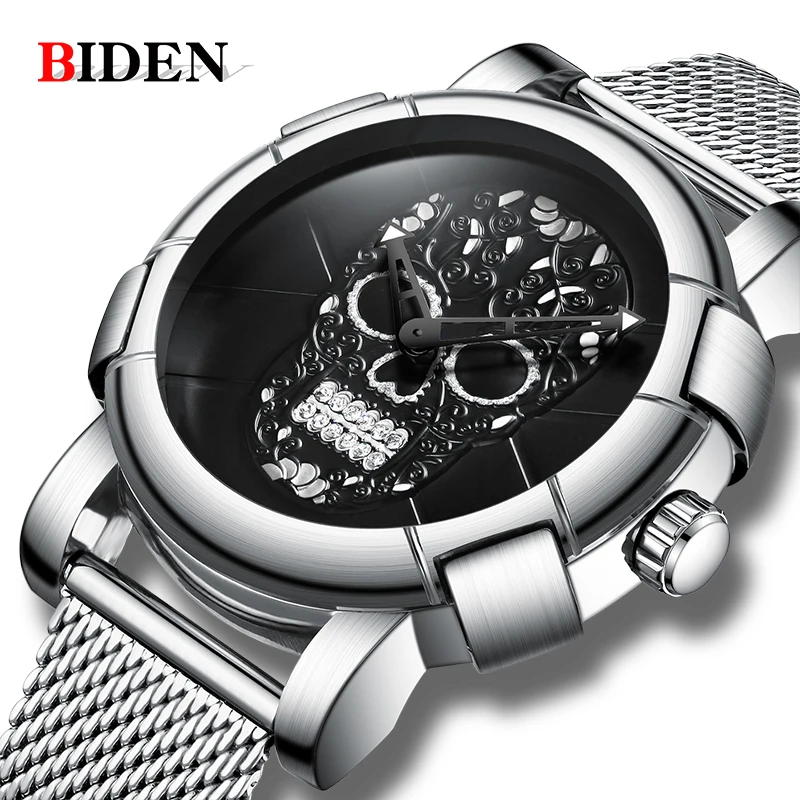 

BIDEN Men Watch Top Brand Luxury Sports Watch Skull Pattern Stainless Steel Fashion Business Quartz watch men relogio masculino