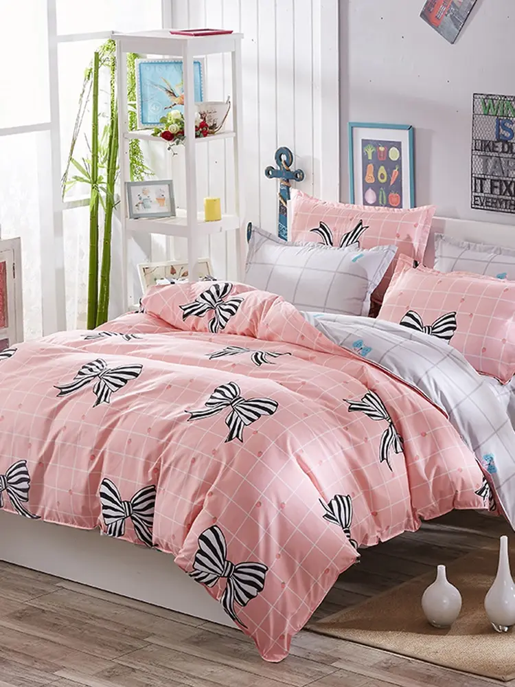 

4Pcs Duvet Cover Set Sweet Bowknots Pattern Cozy Bedsheet Set