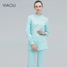 Viaoli, длинный рукав, стоячий воротник, женское медицинское пальто, Униформа, медицинская лабораторная куртка, больница, доктор, комплект одежды, белое пальто
