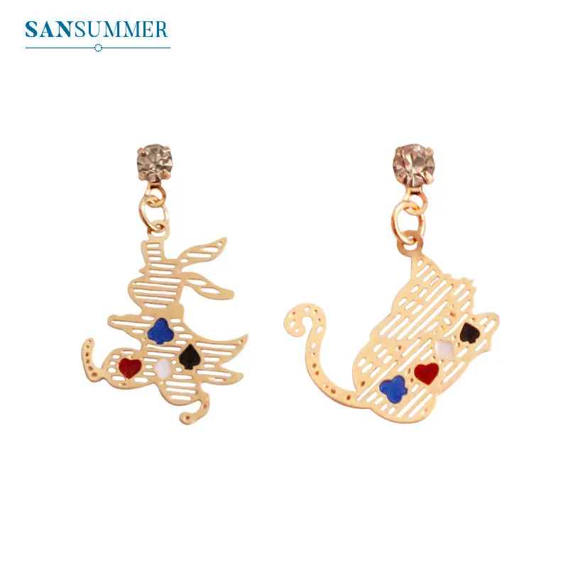 

SANSUMMER 2019 New Alloy Plating Cute Cartoon Animal Hollow Out Playing Cards Rabbit Cat Asymmetrical Stud Earrings Female 6625