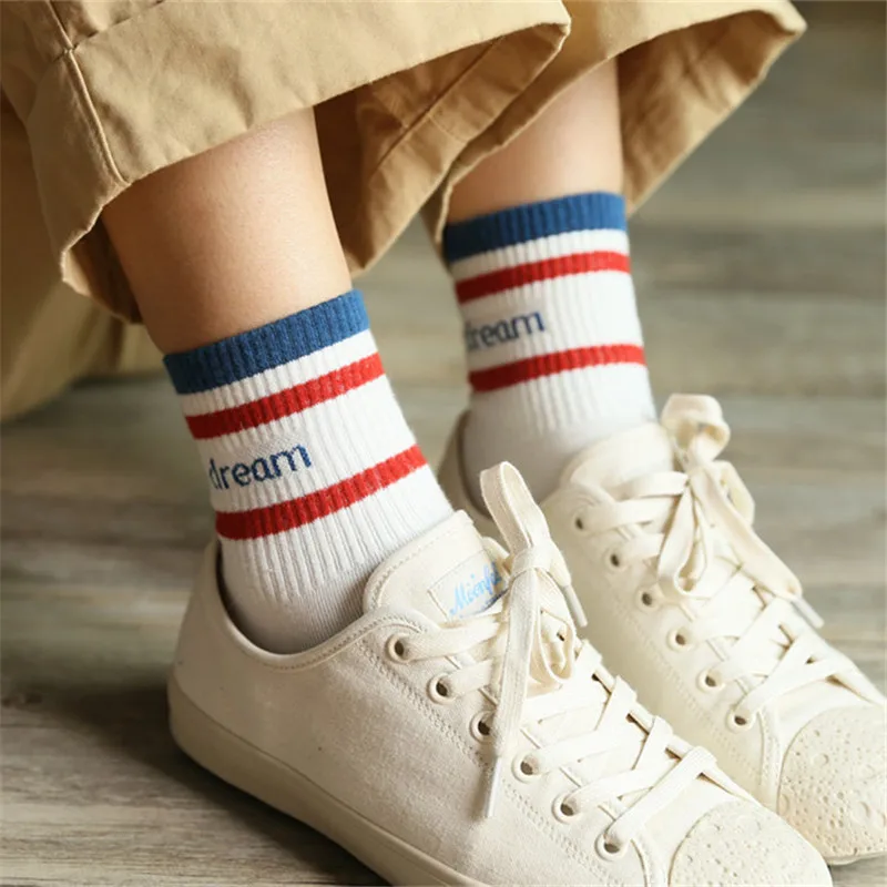 

Hip Hop Women Two Stripes Daily Socks Korean Harajuku Female Students Day Dream Letter Cotton Basic Short Sock