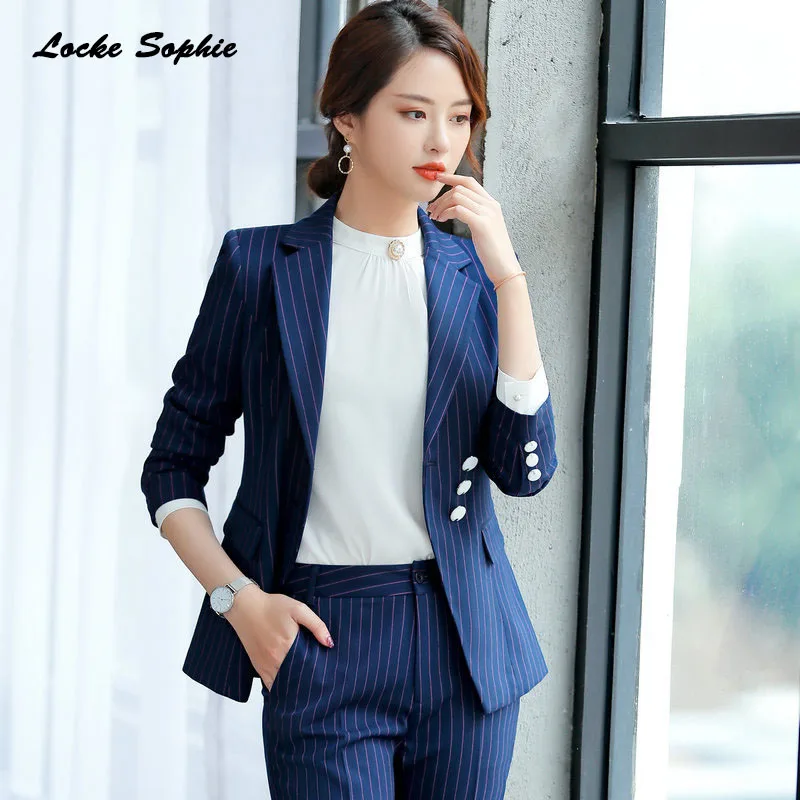 1pcs Women's Plus size Blazers coats 2019 Spring cotton Single breasted stripe Suits jackets ladies Skinny Blazers Suits coats