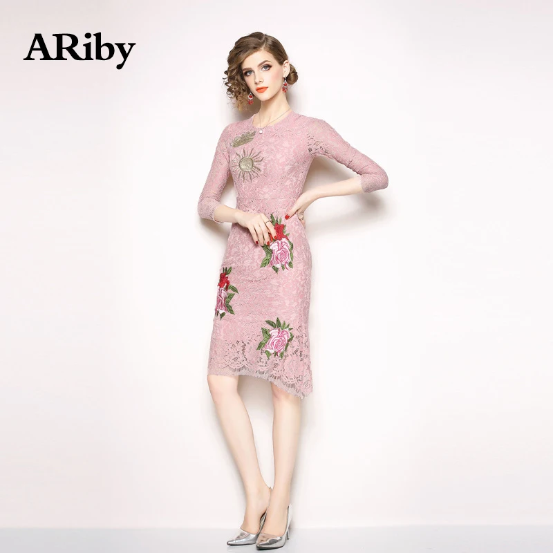 Dress Women Vestidos Sweet Lace Pink Dress 2019 Spring Elegant High-end Floral Embroidery Party Night O-Neck Knee-Length Dress Dress Women Vestidos Sweet Lace Pink Dress 2019 Spring Elegant High-end Floral Embroidery Party Night O-Neck Knee-Length Dress