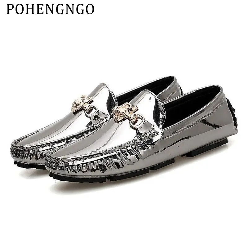 

2019 Summer Bright skin Casual Driving shoes man smoking Flats tiger Loafers Moccasin Gold buckle gentleman Luxury boat shoes