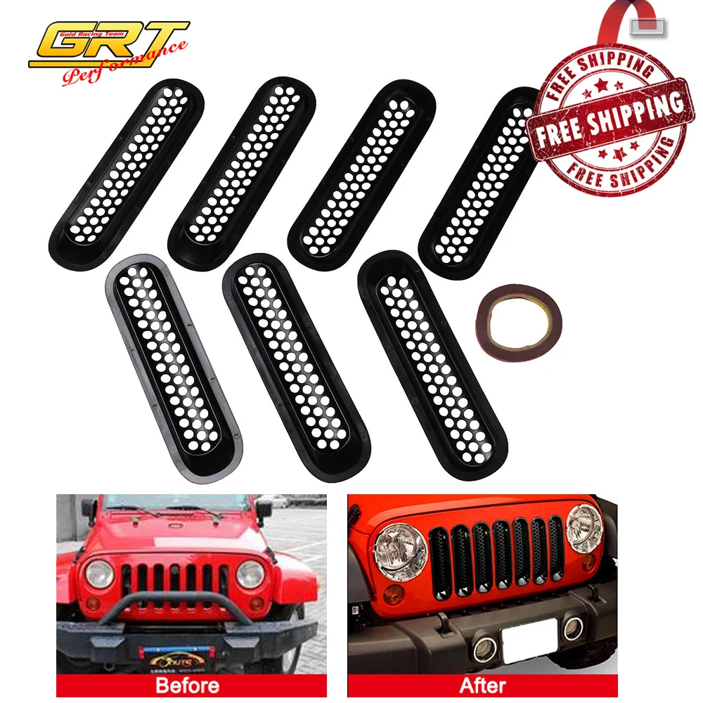 Free Shipping 7pcs Black ABS Car Mesh Front Racing Grille Trim Cover