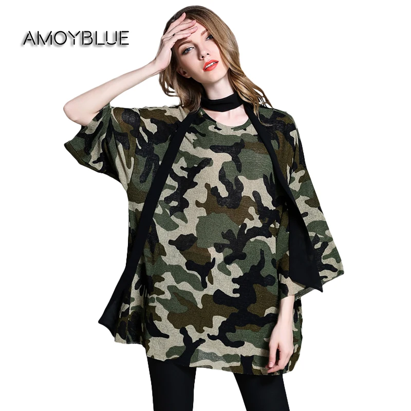 Amoyblue Blusa de La Gasa de Camuflaje Camo de Manga Tres Cuartos 2017 de Las Nuevas Mujeres Suelta Tops Camisa con la Bufanda Más Tamaño (XL-4XL)