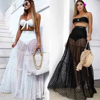 

Summer Women Skirt High Waist Mesh Sheer Cover Up Beach Clubwear Sexy Lace Maxi Skirt Women