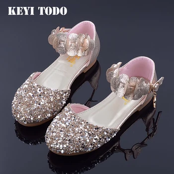 

KEYITODO Princess Kids Leather Shoes For Girls Flower Casual Glitter Children sequined flower Girls Shoes Pink Silver