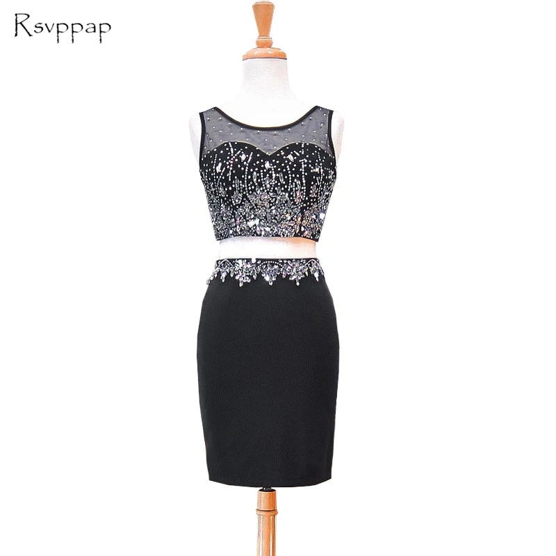 

Stunning Sheer Scalloped Sleeveless Beaded Crystals African Black Two Piece Prom Dress 2019