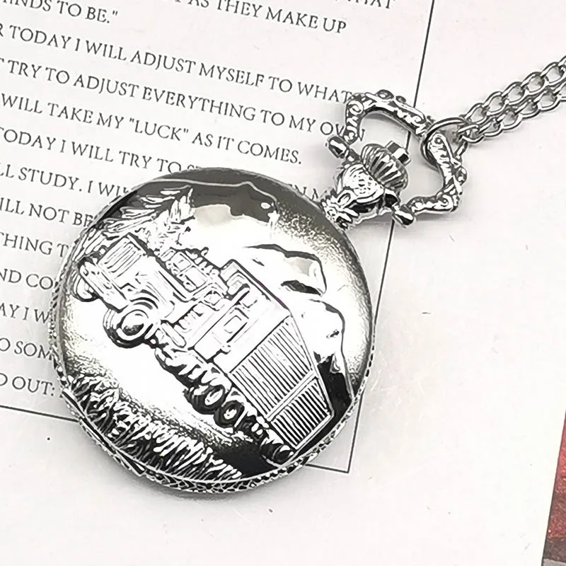 

Train Carving Quartz Pocket Watch Car Design Men Bronze Clock Engraved Fob Watches with Gift Box