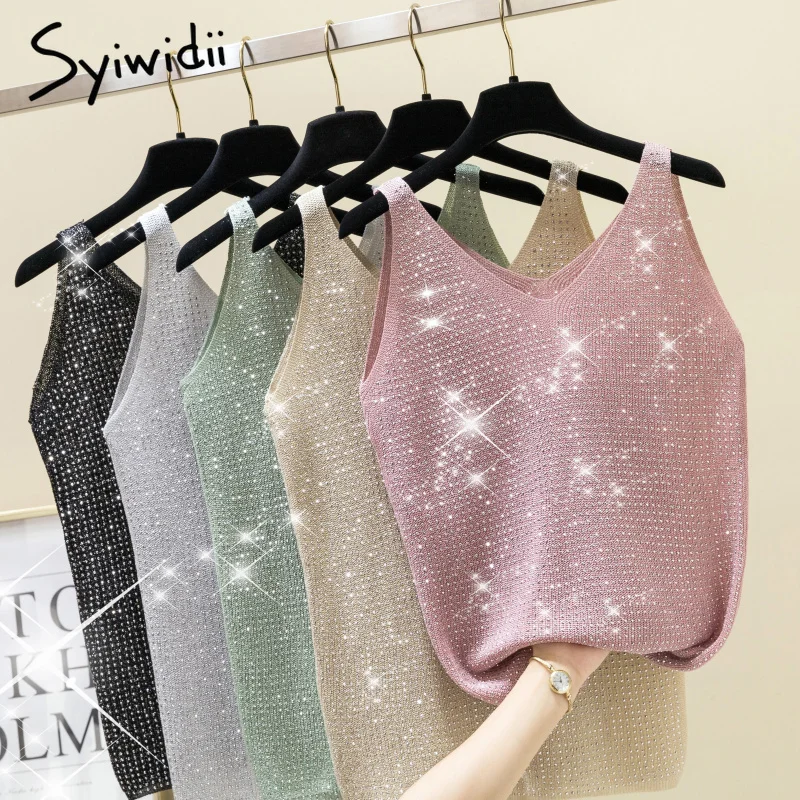 

Lurex Women Tank Top High Stretch Hot Matched America European Style Tank Top V Neck Sleeveless 5 Colors Solid Knitting Corp Top