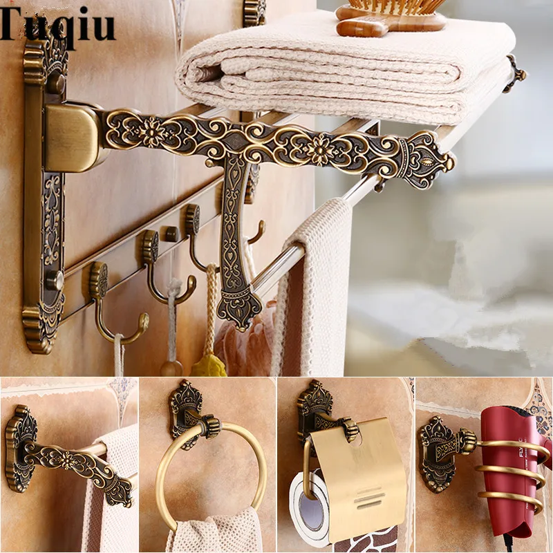 Preise Badezimmer Zubehör Set Antike Bronze Geschnitzte Aluminium Bad Hardware Sets Handtuch Rack, Papier halter Wc Pinsel Halter, haken
