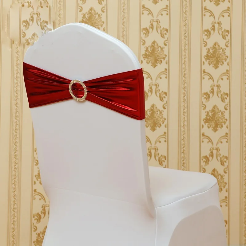 

Red colour shiny metallic lycra sash with round buckle spandex chair sashes for wedding decoration wholesale party chair sash
