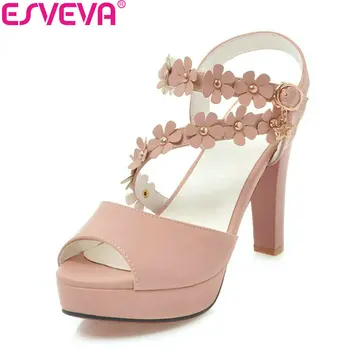

ESVEVA 2018 Women Sandals Summer Flower Thin High Heels Platform 2.5cm PU Sandals Buckle Strap Elegant Shoes Woman Size 34-43