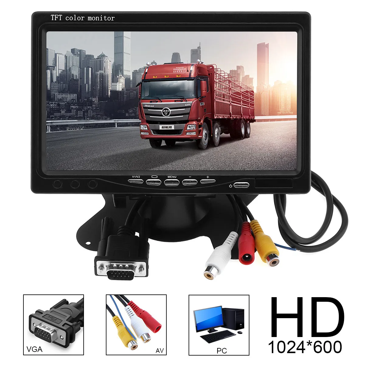 1024x600 7 Inch Car Home Monitor Multifunction Bright Color VGA Interface TFT LCD AV Revers Rearview Monitor