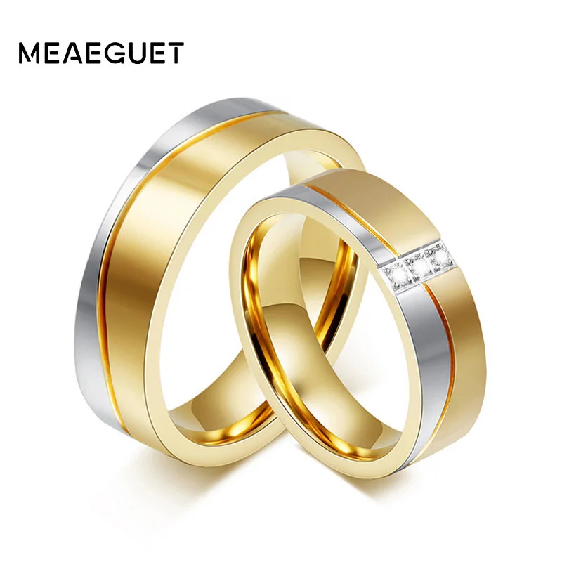 Meaeguet 1 Pair Wedding Ring Set for Couple Gold-color Stainless Steel CZ Female Male Jewelry