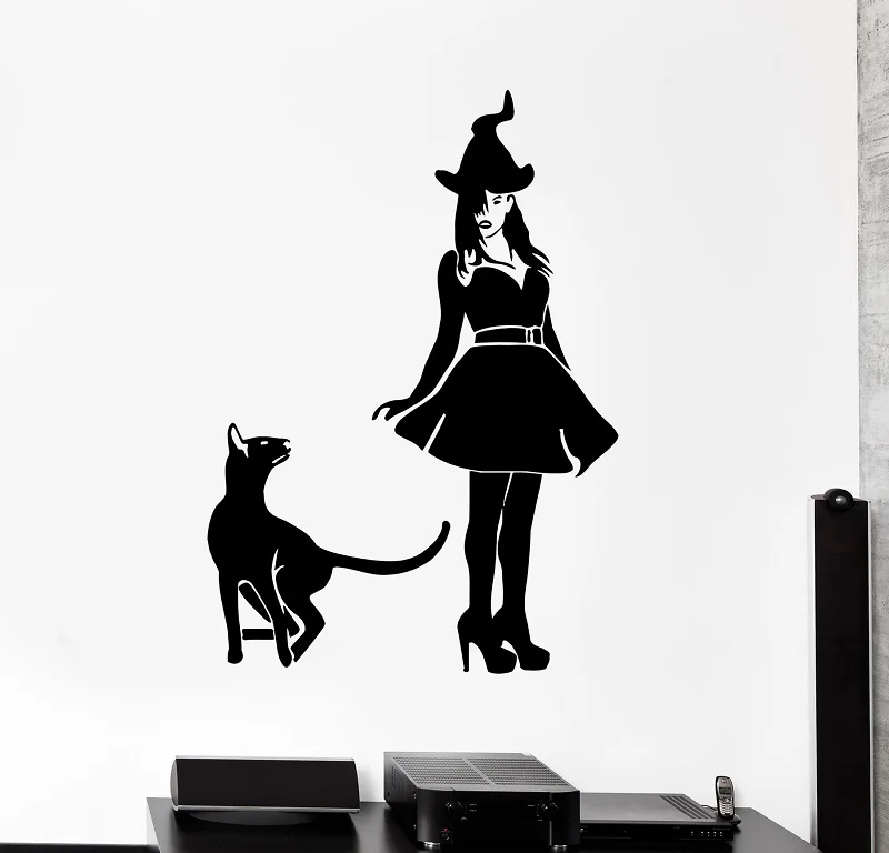 

Wall decal witch cat pet animal halloween witchcraft vinyl sticker, christmas party decoration home living room decoration WSJ16