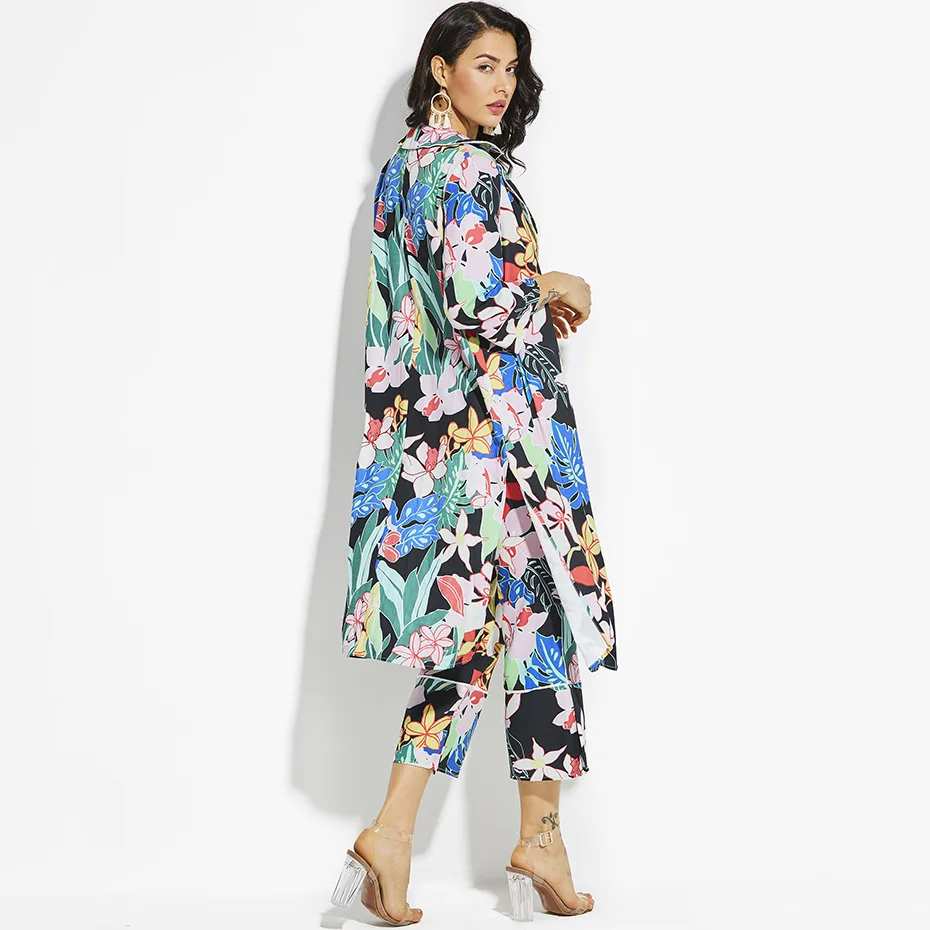 Young17 Vacation Women Coats Green Spring Color Block Floral Print Beach Look Notched Lapel Loose Outwear Loose Trench Coats
