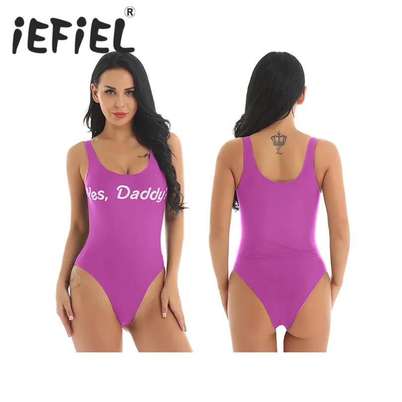 

Women Fashion Yes Daddy Letter Print Bodysuit Leotard Deep-U Neck Low Back Wide Shoulder Straps High Cut Bathing Suits Swimsuits