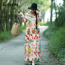 Erregina Vintage Women Maxi Floral Dress Long Sleeves Pockets O Neck Plus Size Cotton Linen Dress Loose Big Size Dress Robe Erregina Vintage Women Maxi Floral Dress Long Sleeves Pockets O Neck Plus Size Cotton Linen Dress Loose Big Size Dress Robe