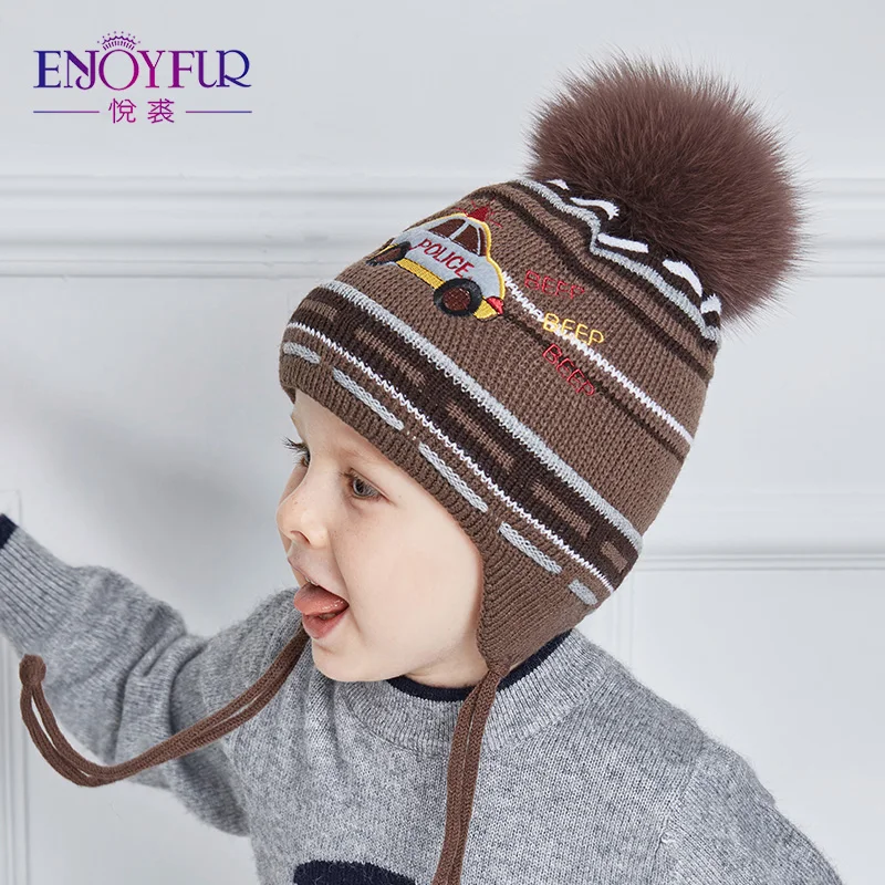 

ENJOYFUR Real Fox Fur Pompom Winter baby Hats Cute Cartoon Car Knitted Ears Hat Thick Warm Cotton Boy Cap Kids Beanies