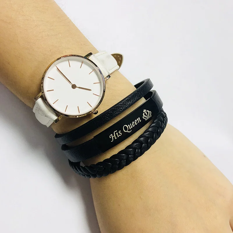 Vnox His Queen and Her King Couple Bracelets Black Braided Genuine Leather Promise Love pulseira Gifts Vnox His Queen and Her King Couple Bracelets Black Braided Genuine Leather Promise Love pulseira Gifts