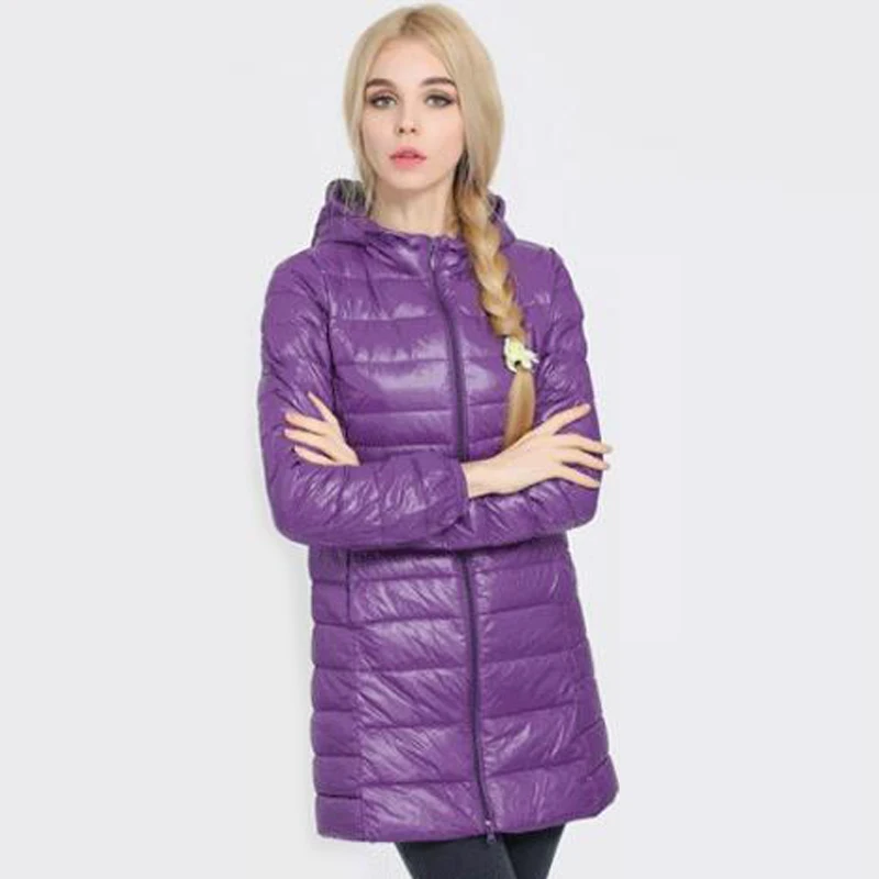 Пуховик, бренд, зимний пуховик для женщин, длинный пуховик на белом утином пуху, верхняя одежда, Сверхлегкий, с капюшоном, тонкое пальто 6XL 7XL - Цвет: Purple