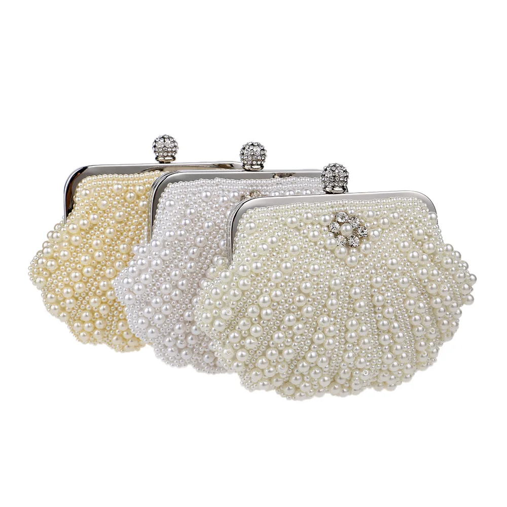 Rose beaded women evening bags clutch pearl handbags shell shaped evening bag for wedding bridal ...