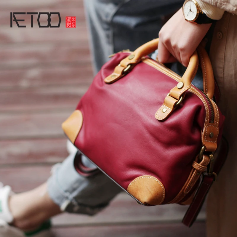 

AETOO Red shell bag, small head layer cowhide soft leather bag, leather portable satchel