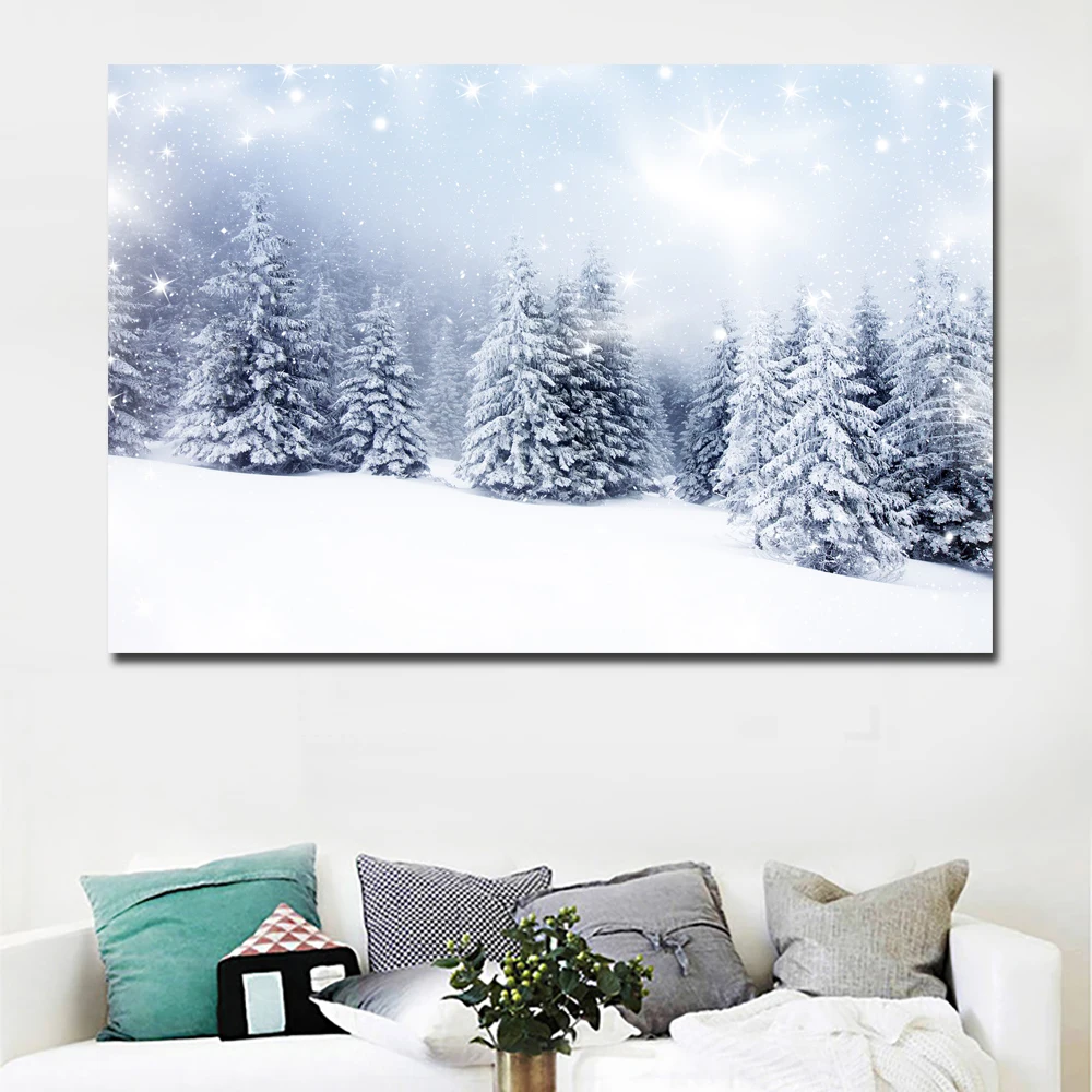 HD Prints Landscape Winter Snow Fir Tree Painting Printed On Canvas