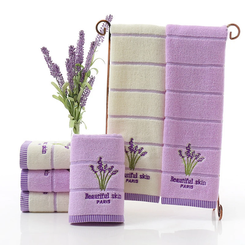 34x76cm Cotton Purple Lavender Embroidered Towel Set Face Towels Bath Towel For Adults