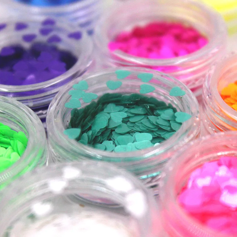 

12Colors Candy Color Nail Art Gel Glitter Decoration Heart Shaped Nail Glitters Finger Nail Cell Phone DIY Material Supplies