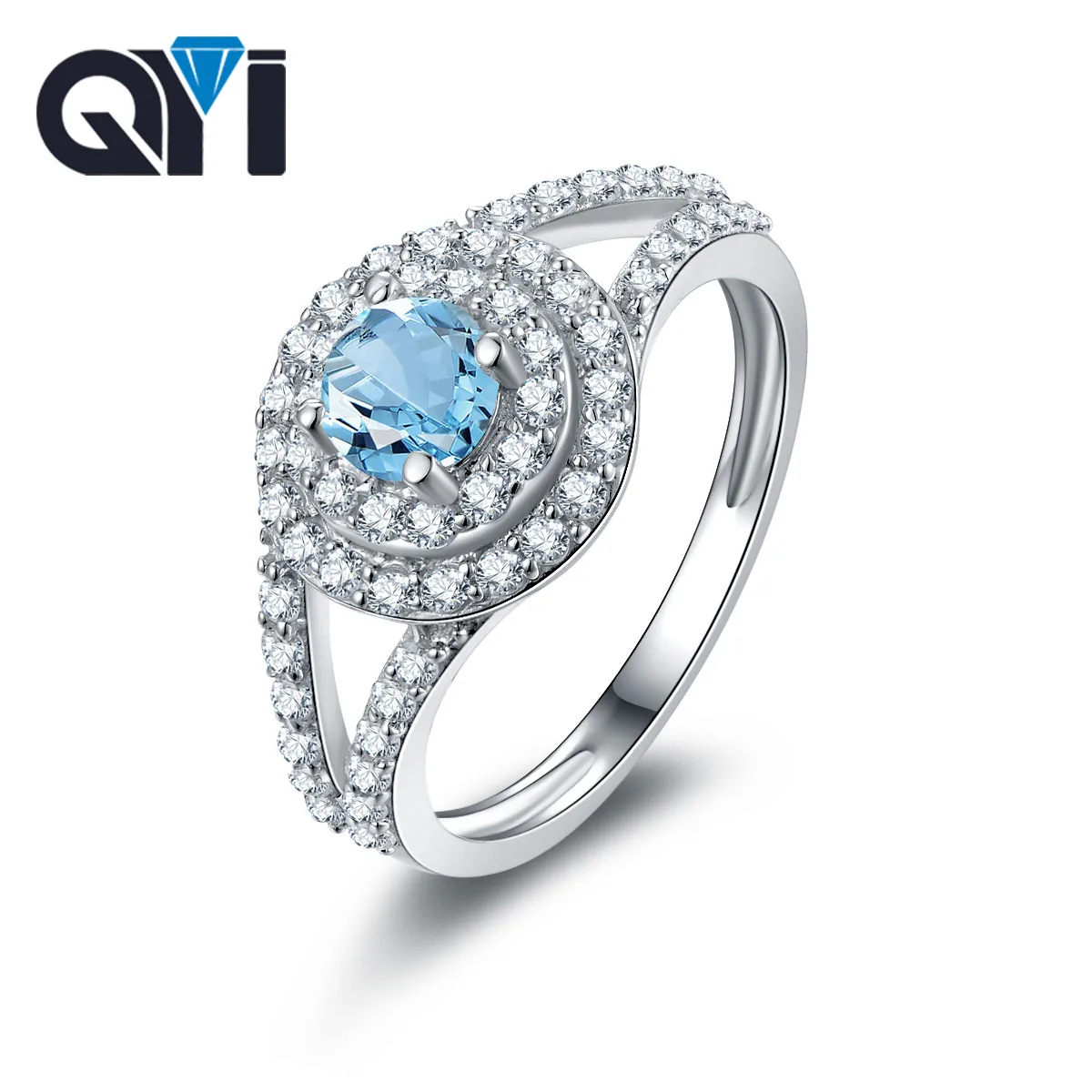 

QYI 925 Sterling Silver Natural Sky Blue Topaz Rings Women Double Halo Engagement Wedding Jewelry Split Band Gemstone Ring