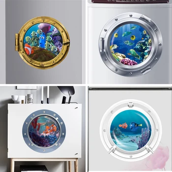 

3d Ocean View Fish window Wall Sticker Nursery Bathroom Decals Sea Portal Peel stick Sea Cruise Wall Art for kids Rooms